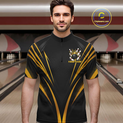 Custom Black And Gold Crown Bowling Men Quarter Zip Shirt, Bowling League Team Shirt IPHW12190