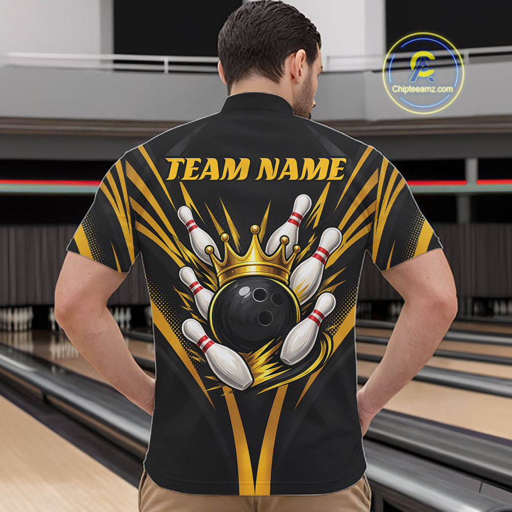 Custom Black And Gold Crown Bowling Men Quarter Zip Shirt, Bowling League Team Shirt IPHW12190