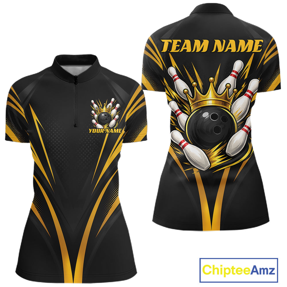 Custom Black And Gold Crown Bowling Women Quarter-Zip Shirt, Bowling League Team Shirt IPHW12190