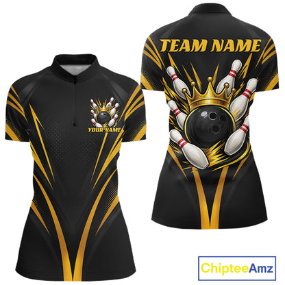 Custom Black And Gold Crown Bowling Women Quarter-Zip Shirt, Bowling League Team Shirt IPHW12190