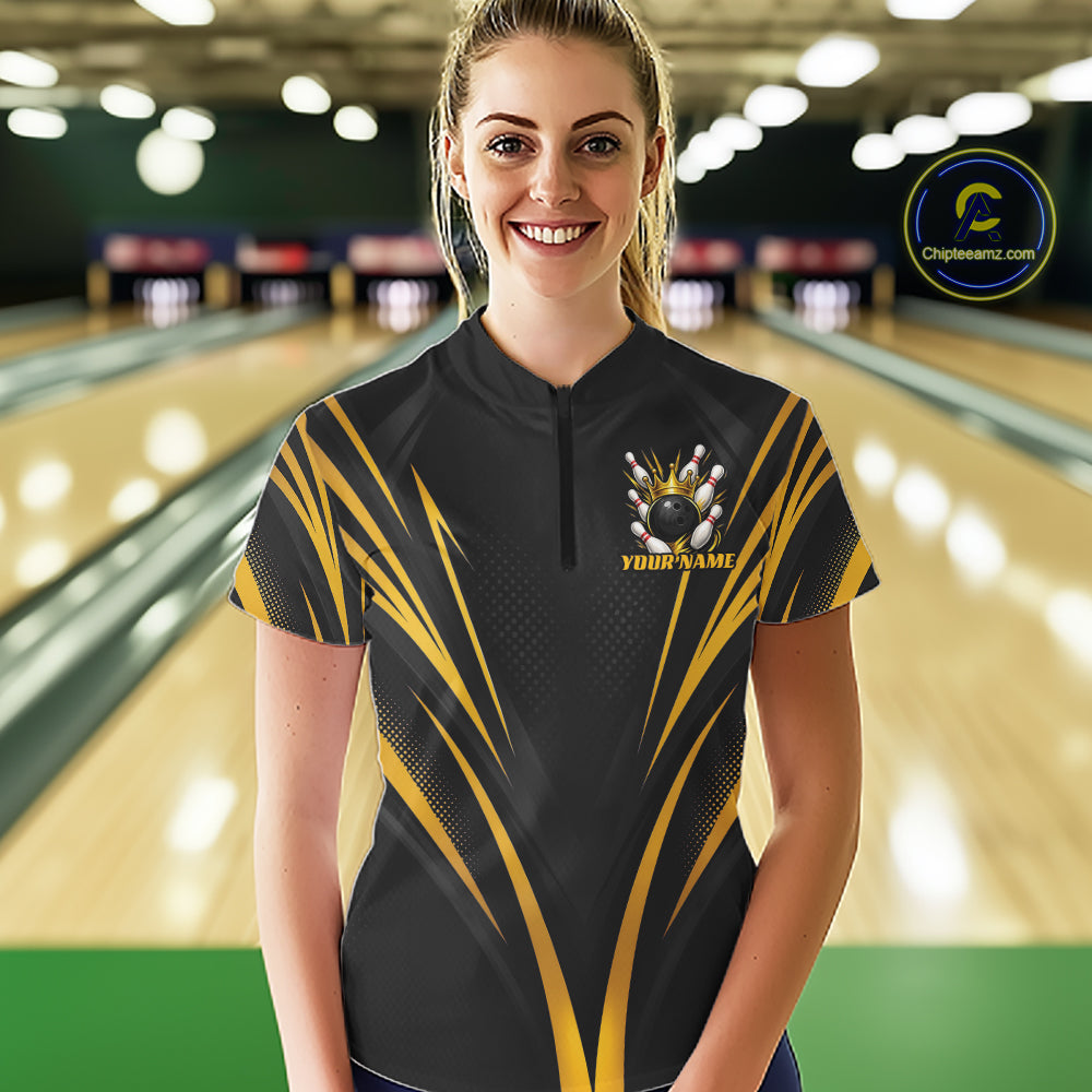 Custom Black And Gold Crown Bowling Women Quarter-Zip Shirt, Bowling League Team Shirt IPHW12190