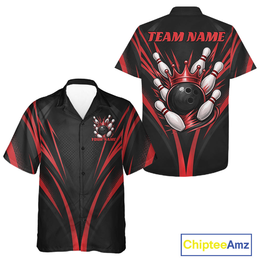 Custom Black And Red Crown Bowling Men And Women Button Up Shirt, Bowling League Team Shirt IPHW12191