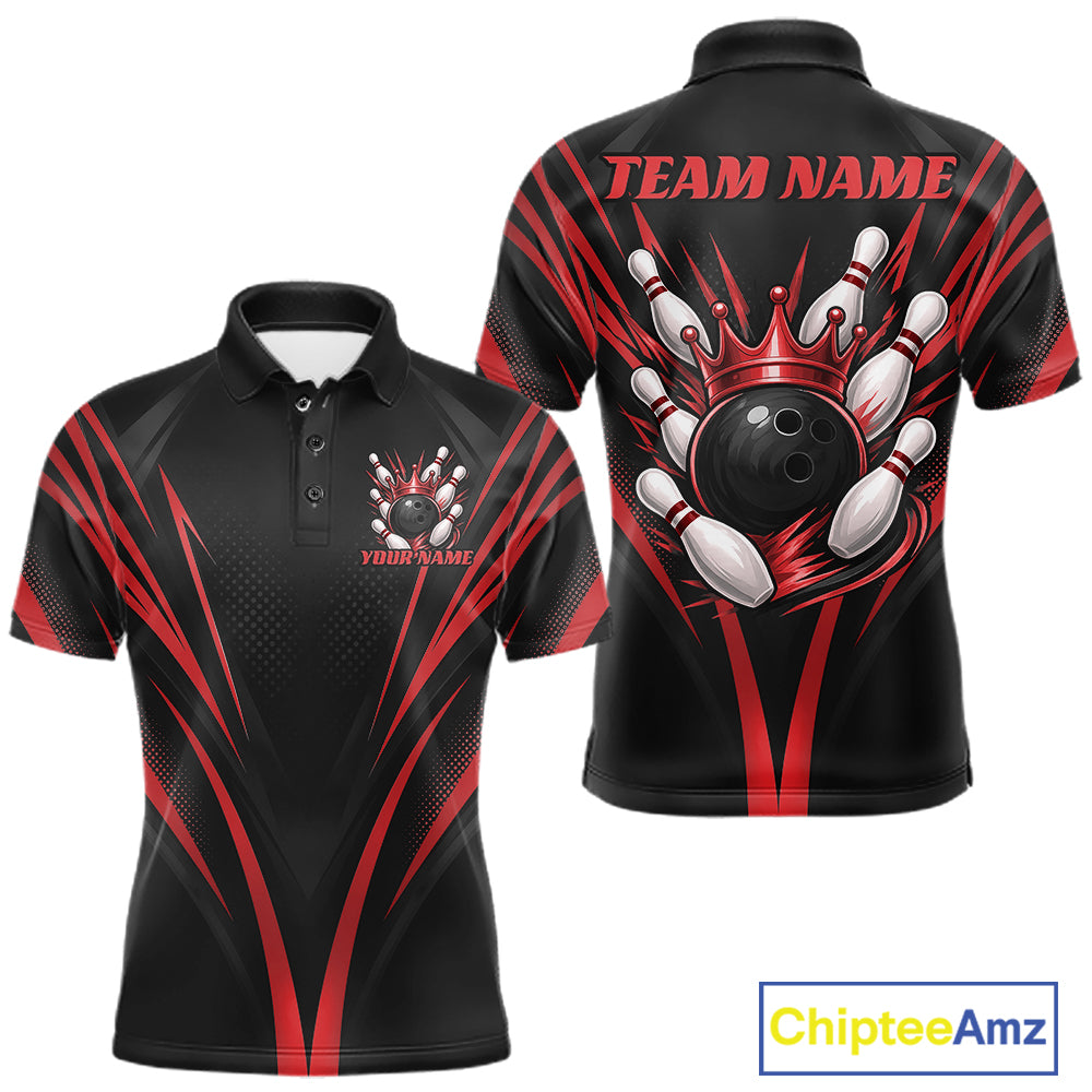 Custom Black And Red Crown Bowling Men Polo Shirt, Bowling League Team Shirt IPHW12191