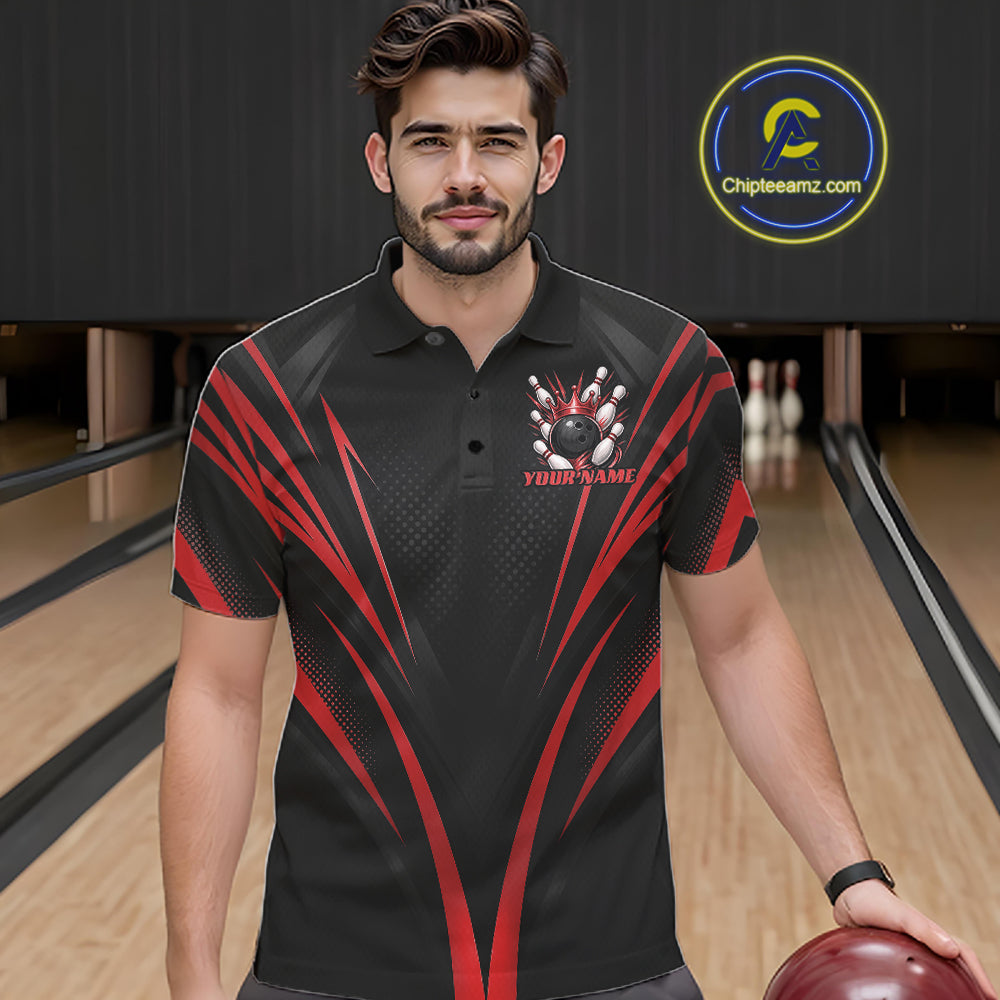 Custom Black And Red Crown Bowling Men Polo Shirt, Bowling League Team Shirt IPHW12191