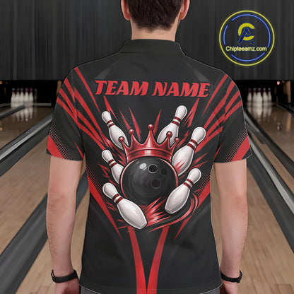 Custom Black And Red Crown Bowling Men Polo Shirt, Bowling League Team Shirt IPHW12191