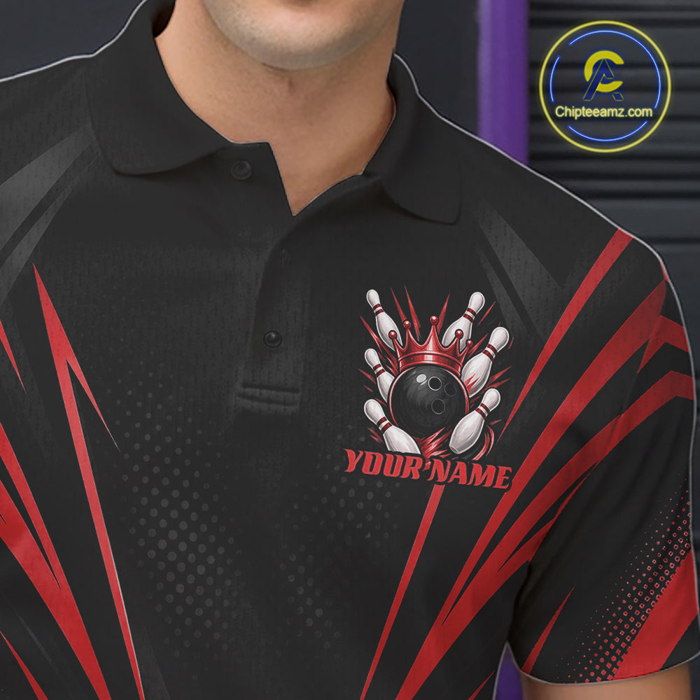 Custom Black And Red Crown Bowling Men Polo Shirt, Bowling League Team Shirt IPHW12191