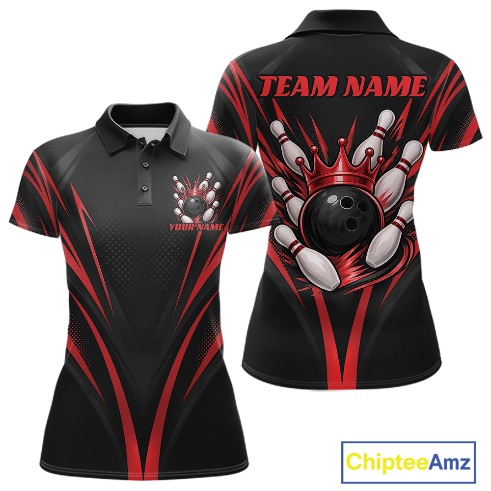 Custom Black And Red Crown Bowling Women Polo Shirt, Bowling League Team Shirt IPHW12191
