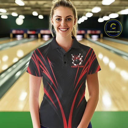 Custom Black And Red Crown Bowling Women Polo Shirt, Bowling League Team Shirt IPHW12191