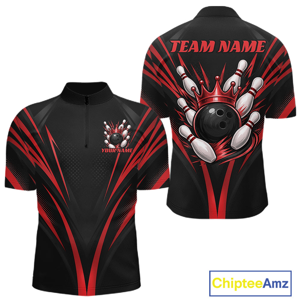 Custom Black And Red Crown Bowling Men Quarter Zip Shirt, Bowling League Team Shirt IPHW12191