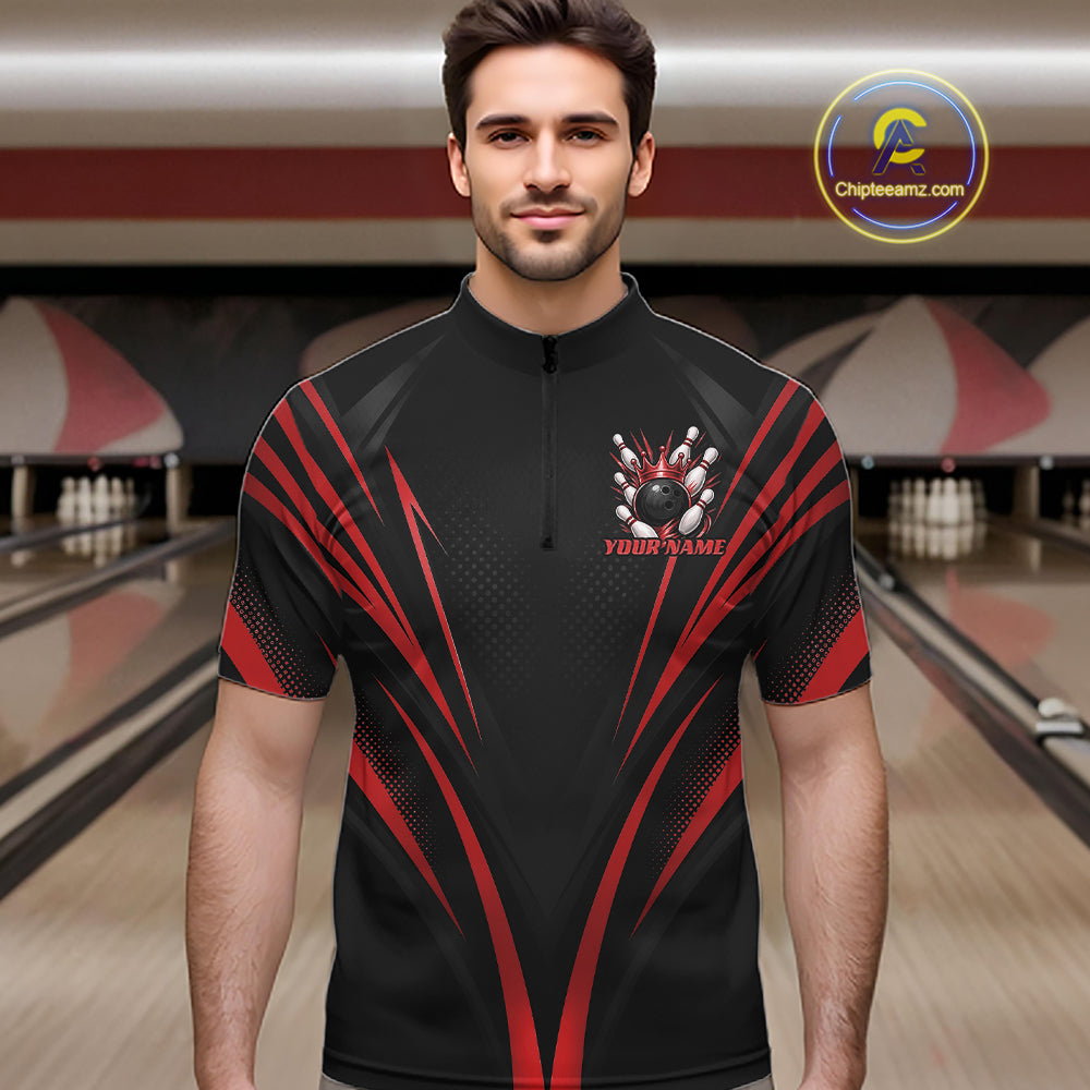 Custom Black And Red Crown Bowling Men Quarter Zip Shirt, Bowling League Team Shirt IPHW12191
