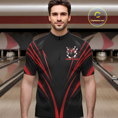 Custom Black And Red Crown Bowling Men Quarter Zip Shirt, Bowling League Team Shirt IPHW12191