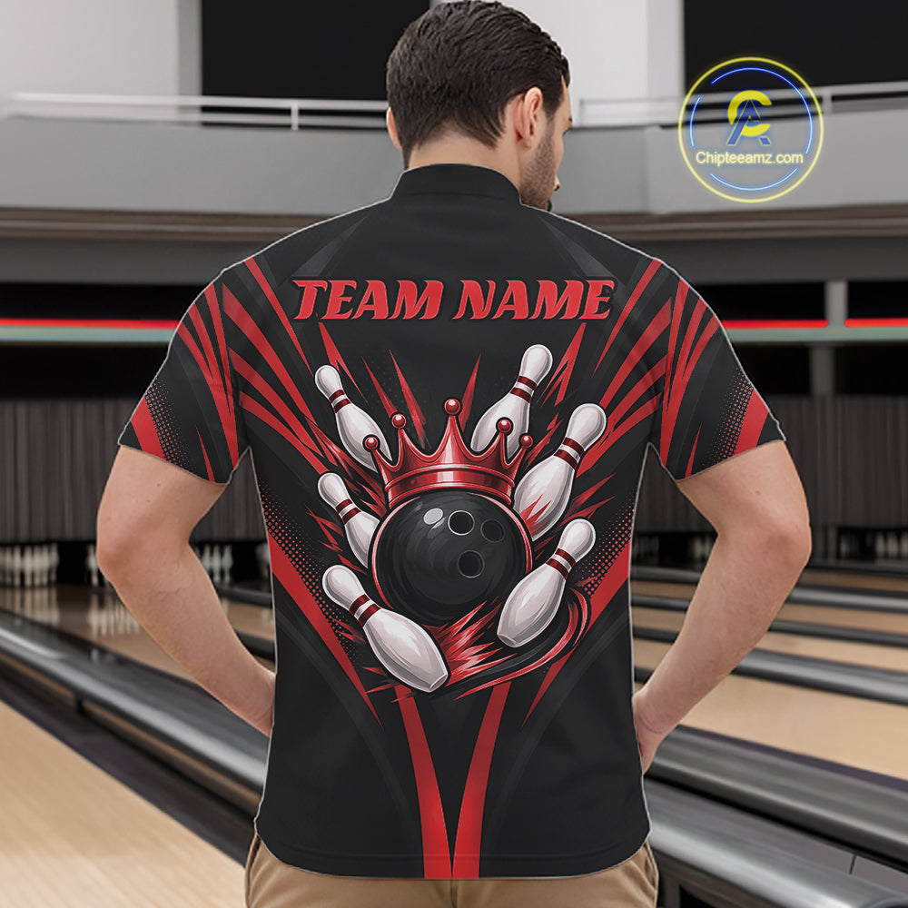 Custom Black And Red Crown Bowling Men Quarter Zip Shirt, Bowling League Team Shirt IPHW12191