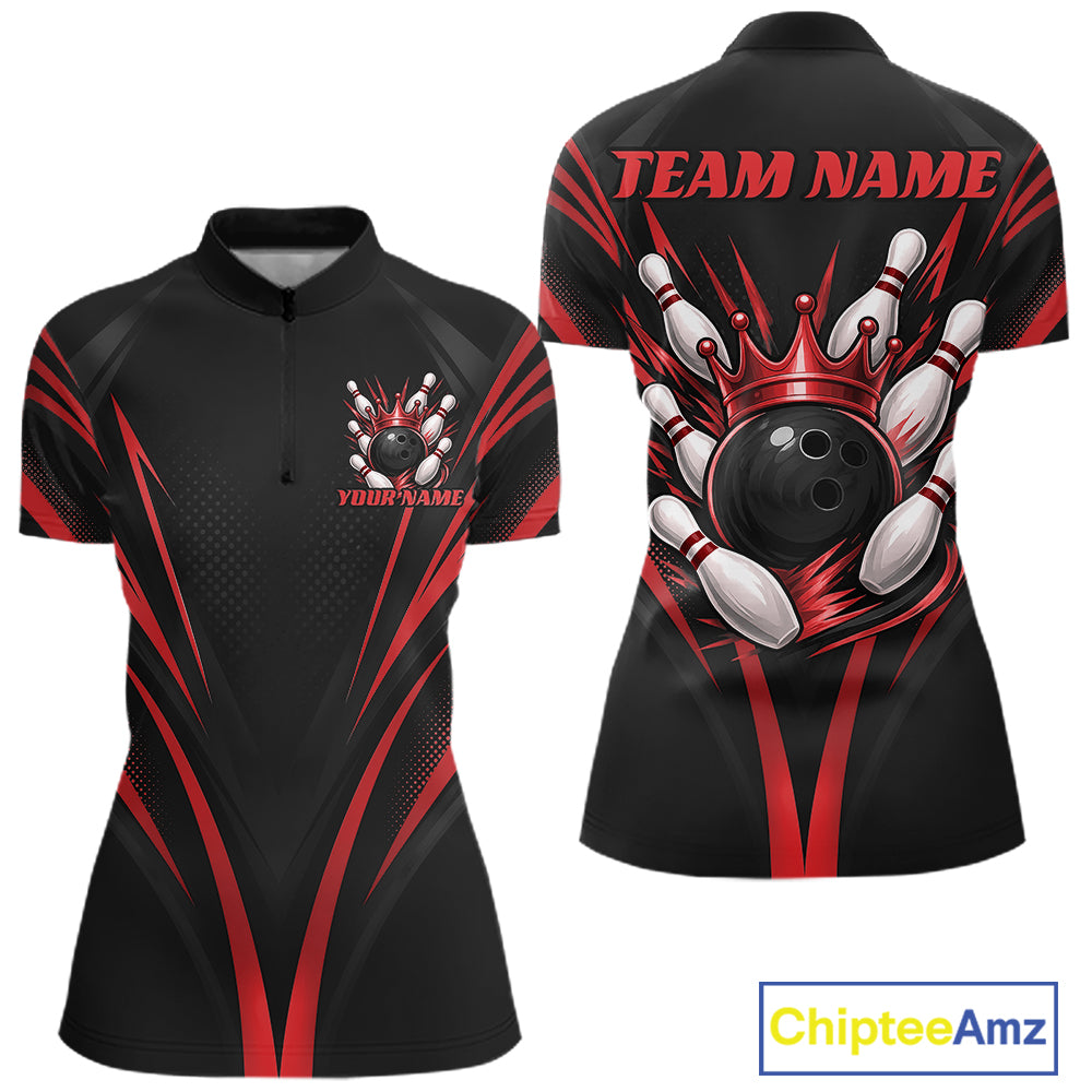 Custom Black And Red Crown Bowling Women Quarter-Zip Shirt, Bowling League Team Shirt IPHW12191