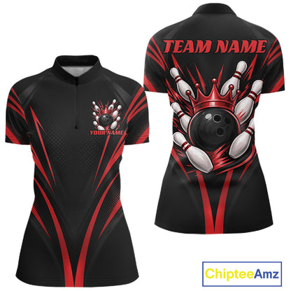 Custom Black And Red Crown Bowling Women Quarter-Zip Shirt, Bowling League Team Shirt IPHW12191