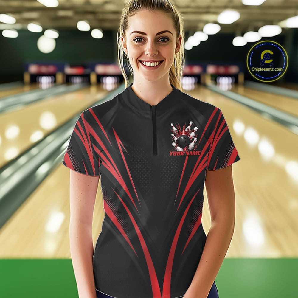 Custom Black And Red Crown Bowling Women Quarter-Zip Shirt, Bowling League Team Shirt IPHW12191
