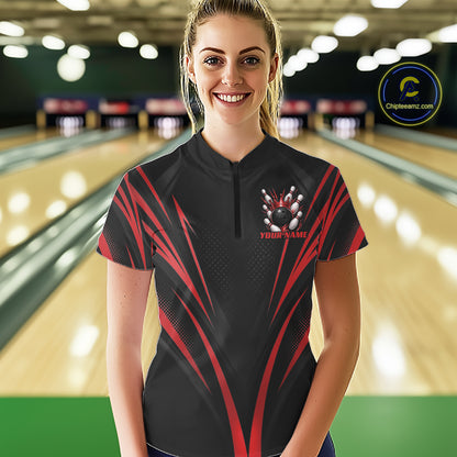 Custom Black And Red Crown Bowling Women Quarter-Zip Shirt, Bowling League Team Shirt IPHW12191