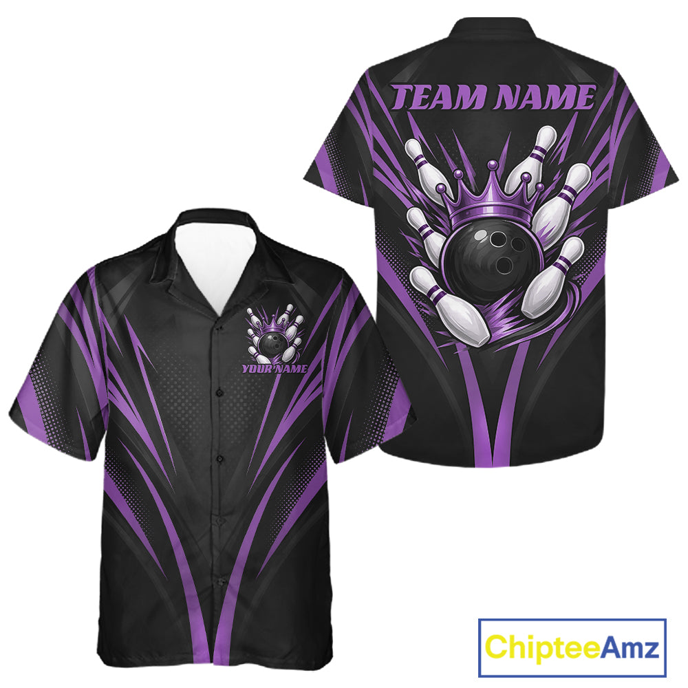 Custom Black And Purple Crown Bowling Men And Women Button Up Shirt, Bowling League Team Shirt IPHW12192