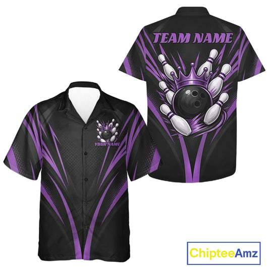 Custom Black And Purple Crown Bowling Men And Women Button Up Shirt, Bowling League Team Shirt IPHW12192