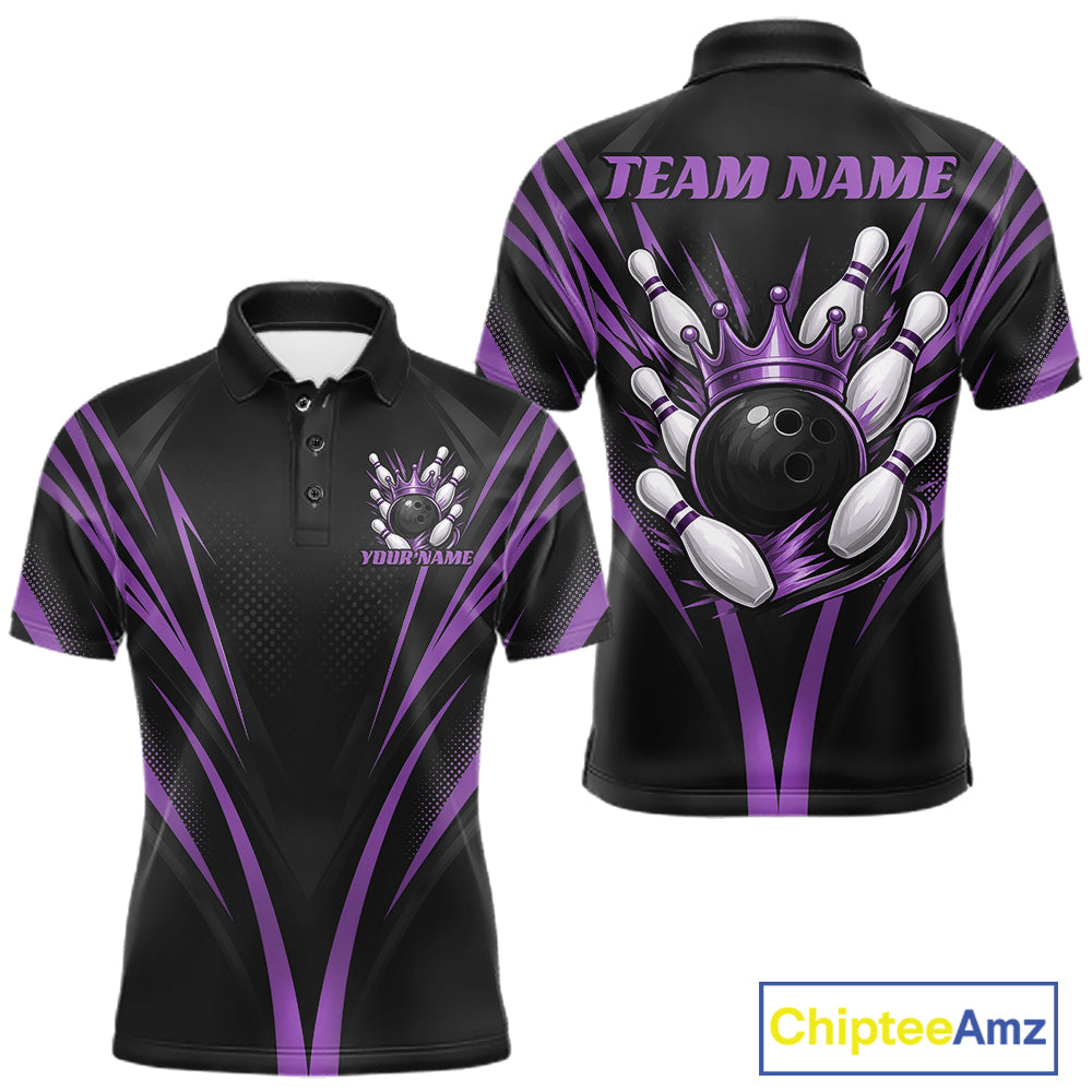 Custom Black And Purple Crown Bowling Men Polo Shirt, Bowling League Team Shirt IPHW12192