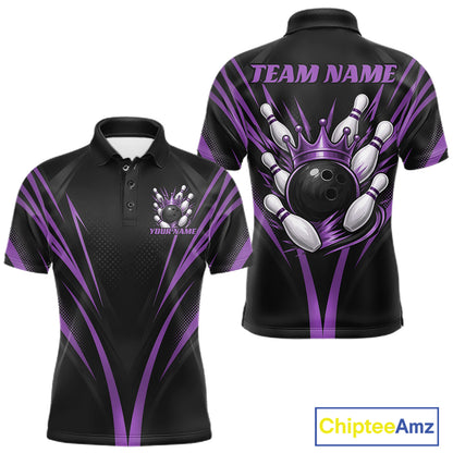 Custom Black And Purple Crown Bowling Men Polo Shirt, Bowling League Team Shirt IPHW12192