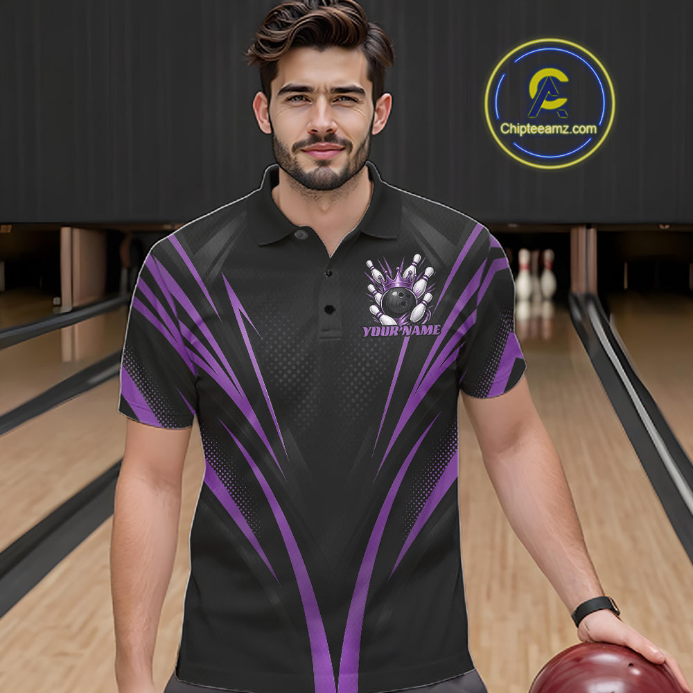 Custom Black And Purple Crown Bowling Men Polo Shirt, Bowling League Team Shirt IPHW12192