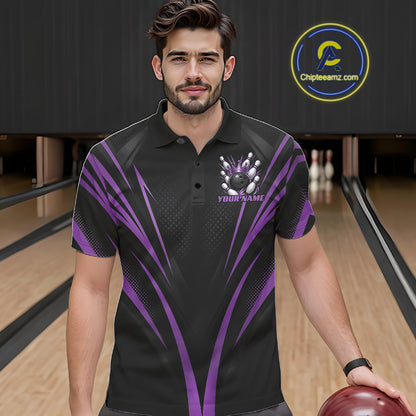 Custom Black And Purple Crown Bowling Men Polo Shirt, Bowling League Team Shirt IPHW12192
