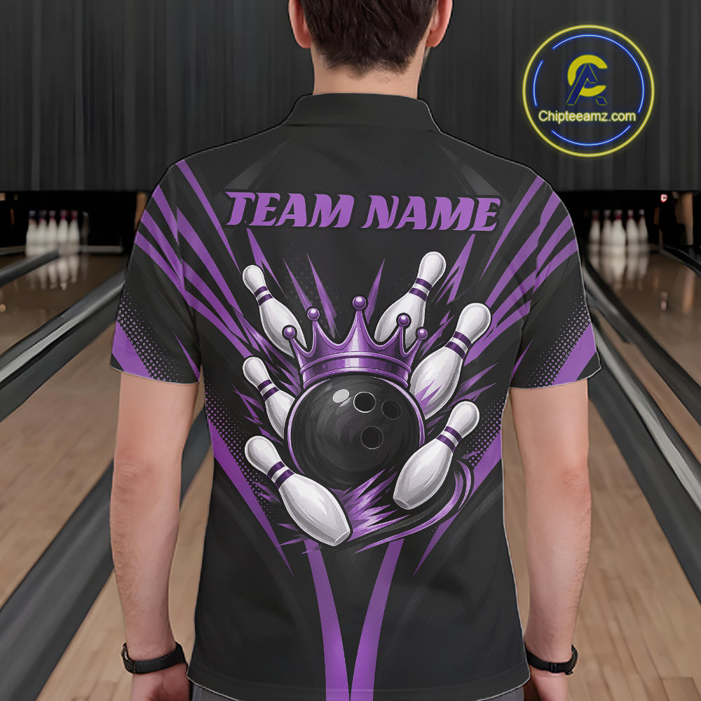 Custom Black And Purple Crown Bowling Men Polo Shirt, Bowling League Team Shirt IPHW12192