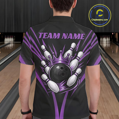 Custom Black And Purple Crown Bowling Men Polo Shirt, Bowling League Team Shirt IPHW12192
