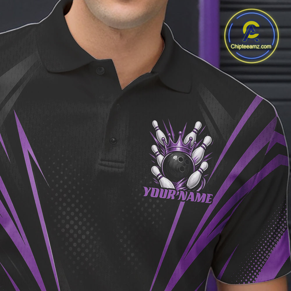 Custom Black And Purple Crown Bowling Men Polo Shirt, Bowling League Team Shirt IPHW12192