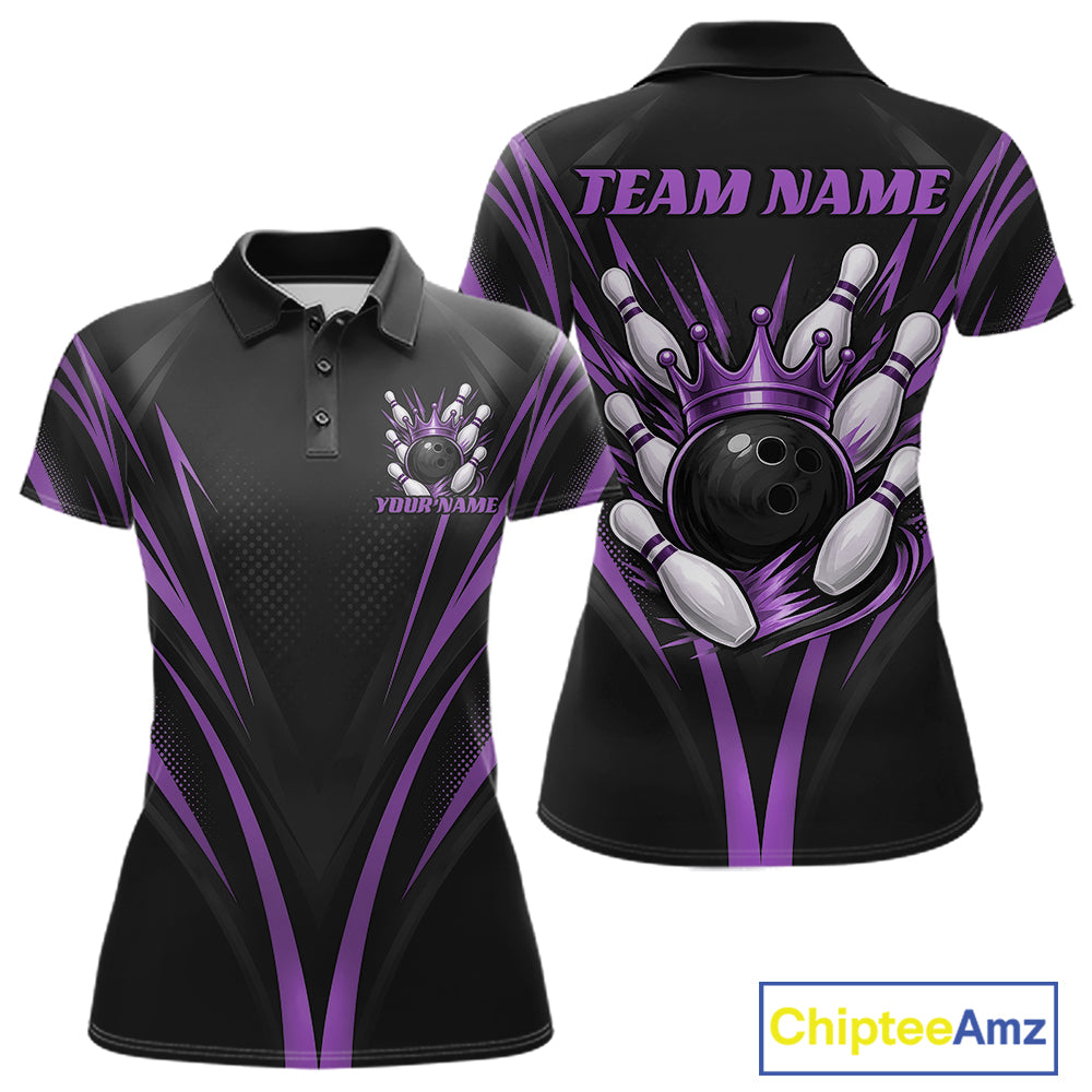 Custom Black And Purple Crown Bowling Women Polo Shirt, Bowling League Team Shirt IPHW12192