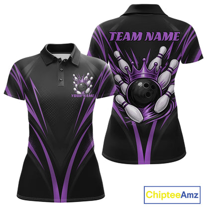 Custom Black And Purple Crown Bowling Women Polo Shirt, Bowling League Team Shirt IPHW12192