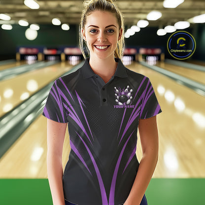 Custom Black And Purple Crown Bowling Women Polo Shirt, Bowling League Team Shirt IPHW12192