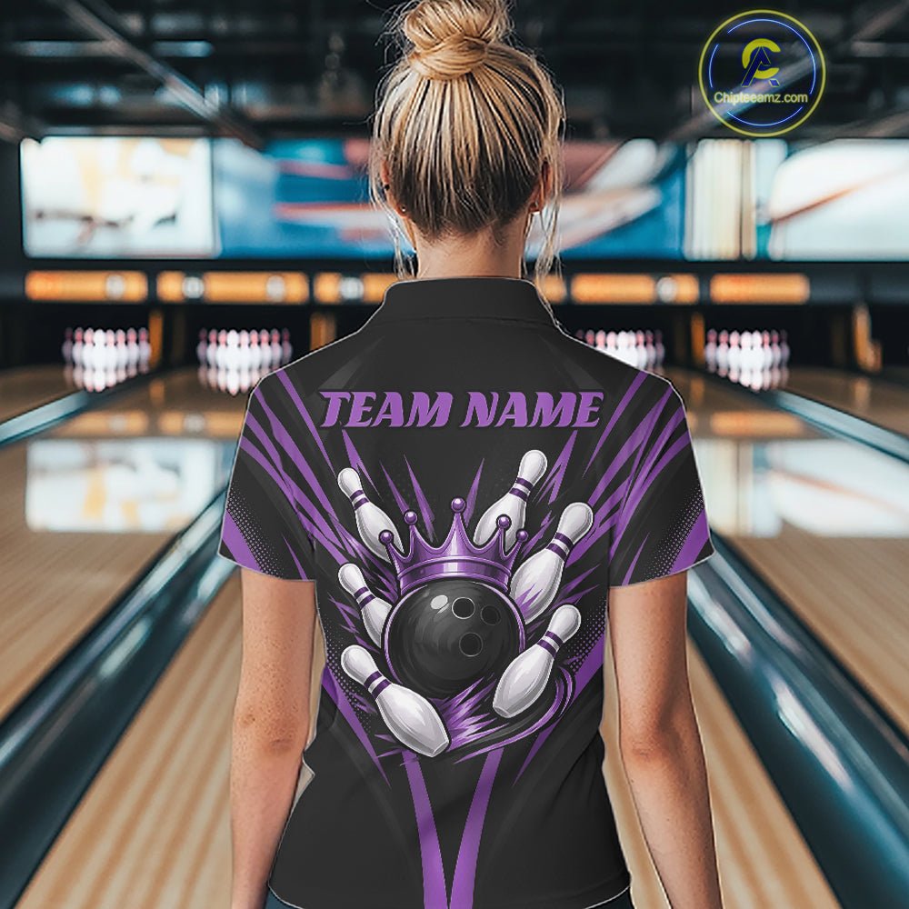 Custom Black And Purple Crown Bowling Women Polo Shirt, Bowling League Team Shirt IPHW12192