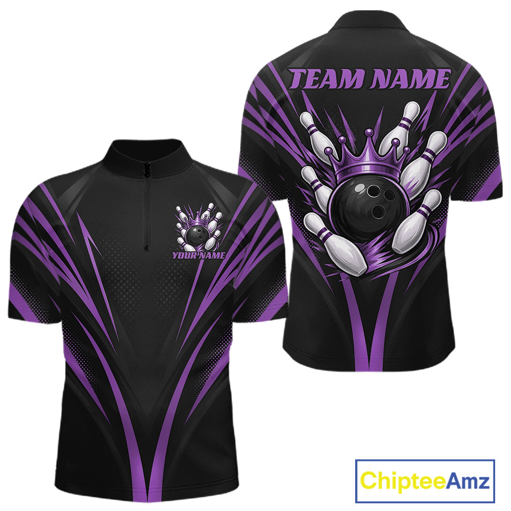 Custom Black And Purple Crown Bowling Men Quarter Zip Shirt, Bowling League Team Shirt IPHW12192
