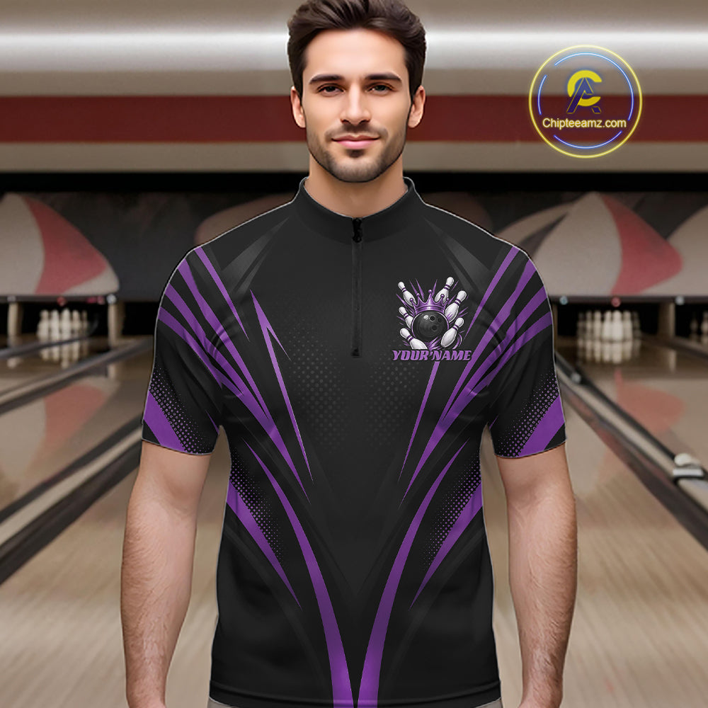 Custom Black And Purple Crown Bowling Men Quarter Zip Shirt, Bowling League Team Shirt IPHW12192