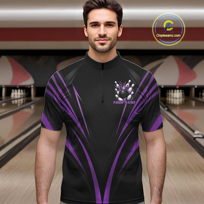 Custom Black And Purple Crown Bowling Men Quarter Zip Shirt, Bowling League Team Shirt IPHW12192