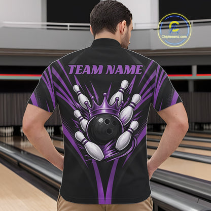 Custom Black And Purple Crown Bowling Men Quarter Zip Shirt, Bowling League Team Shirt IPHW12192