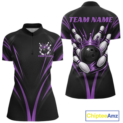 Custom Black And Purple Crown Bowling Women Quarter-Zip Shirt, Bowling League Team Shirt IPHW12192