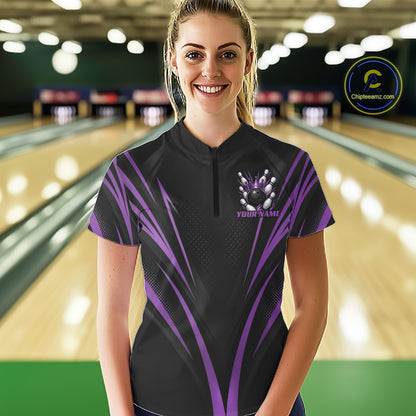 Custom Black And Purple Crown Bowling Women Quarter-Zip Shirt, Bowling League Team Shirt IPHW12192