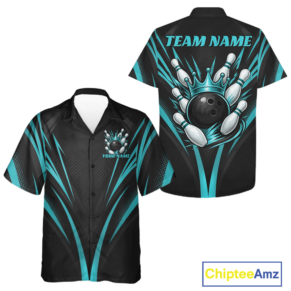 Custom Black And Turquoise Blue Crown Bowling Men And Women Button Up Shirt, Bowling League Team Shirt IPHW12193