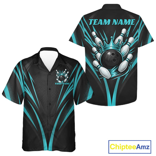 Custom Black And Turquoise Blue Crown Bowling Men And Women Button Up Shirt, Bowling League Team Shirt IPHW12193