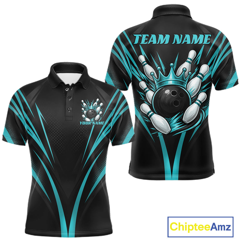 Custom Black And Turquoise Blue Crown Bowling Men Polo Shirt, Bowling League Team Shirt IPHW12193