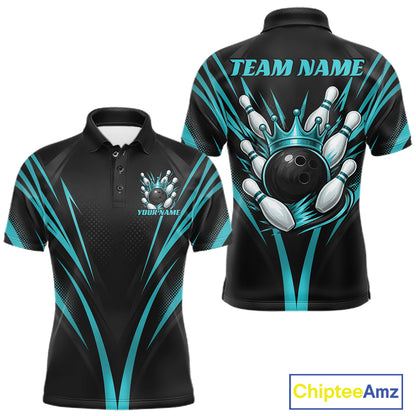 Custom Black And Turquoise Blue Crown Bowling Men Polo Shirt, Bowling League Team Shirt IPHW12193