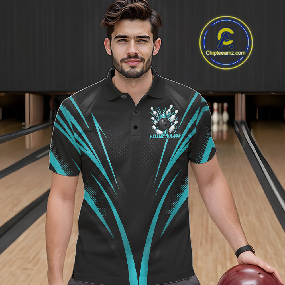 Custom Black And Turquoise Blue Crown Bowling Men Polo Shirt, Bowling League Team Shirt IPHW12193