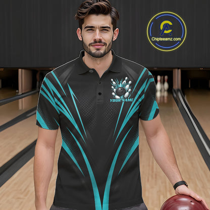 Custom Black And Turquoise Blue Crown Bowling Men Polo Shirt, Bowling League Team Shirt IPHW12193