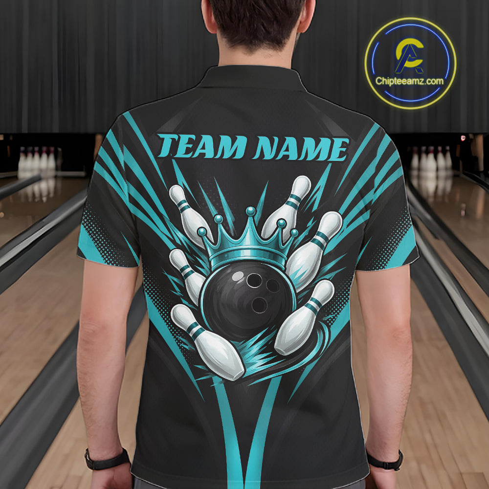 Custom Black And Turquoise Blue Crown Bowling Men Polo Shirt, Bowling League Team Shirt IPHW12193