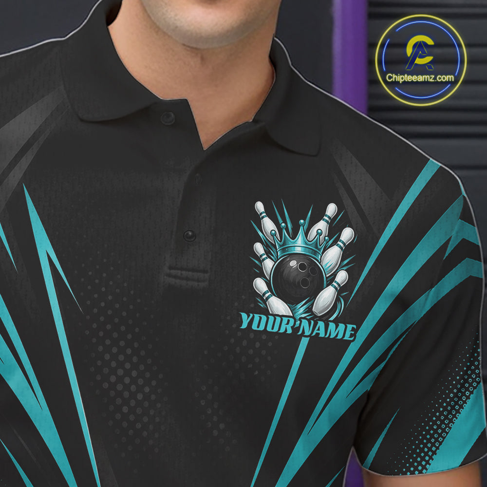 Custom Black And Turquoise Blue Crown Bowling Men Polo Shirt, Bowling League Team Shirt IPHW12193