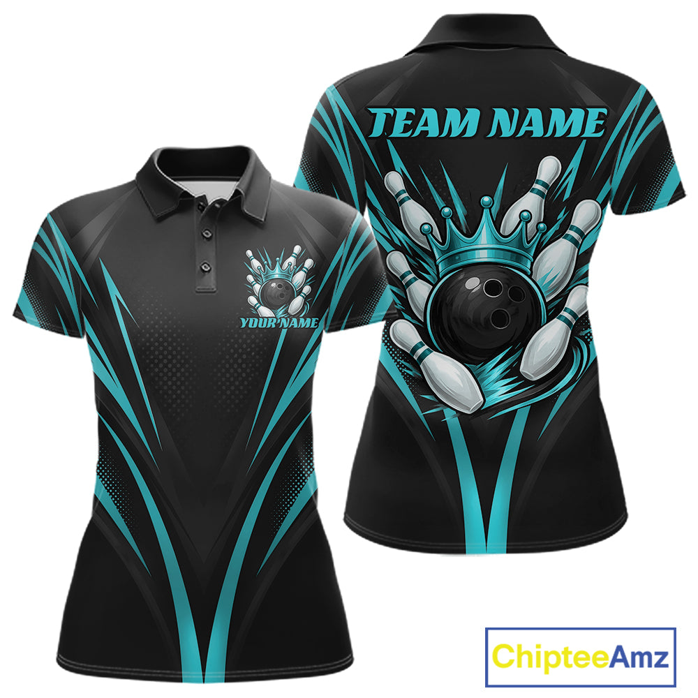 Custom Black And Turquoise Blue Crown Bowling Women Polo Shirt, Bowling League Team Shirt IPHW12193
