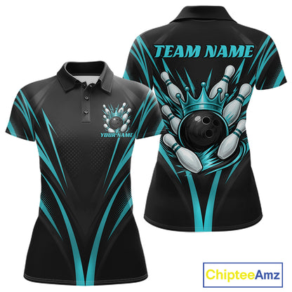 Custom Black And Turquoise Blue Crown Bowling Women Polo Shirt, Bowling League Team Shirt IPHW12193