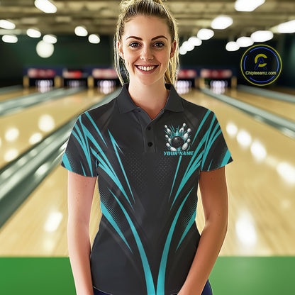 Custom Black And Turquoise Blue Crown Bowling Women Polo Shirt, Bowling League Team Shirt IPHW12193